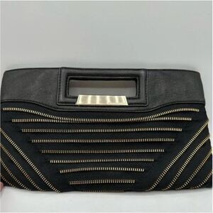 BCBGMaxAzria Black Clutch Genuine Leather Trim Elegant Gold Zipper Design